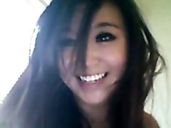 Asian playful brunette slut masturbates outside on webcam