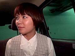 Japanese short haired amateur redhead sucks dick in a car