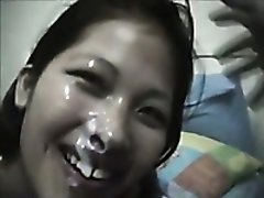 Sweet Asian Gf sucks my hard dick and I cum on her face